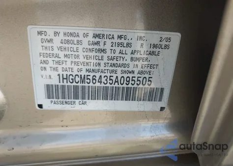 2005 Honda Accord 2.4 Lx z USA, uszkodzony, nr VIN 1HGCM56435A095505